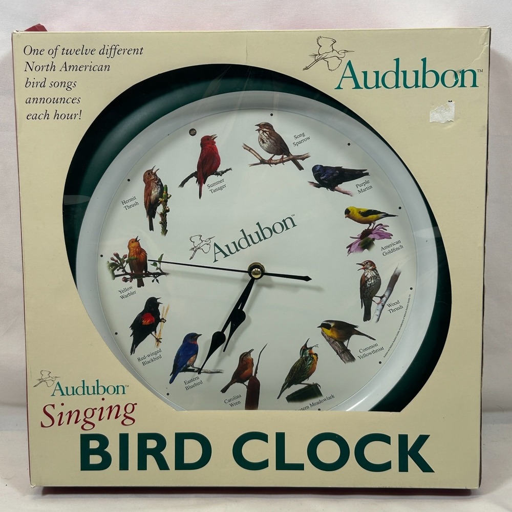 Vintage Audubon Singing Bird Clock 13" Green Frame Birds Songs Hour New Open Box